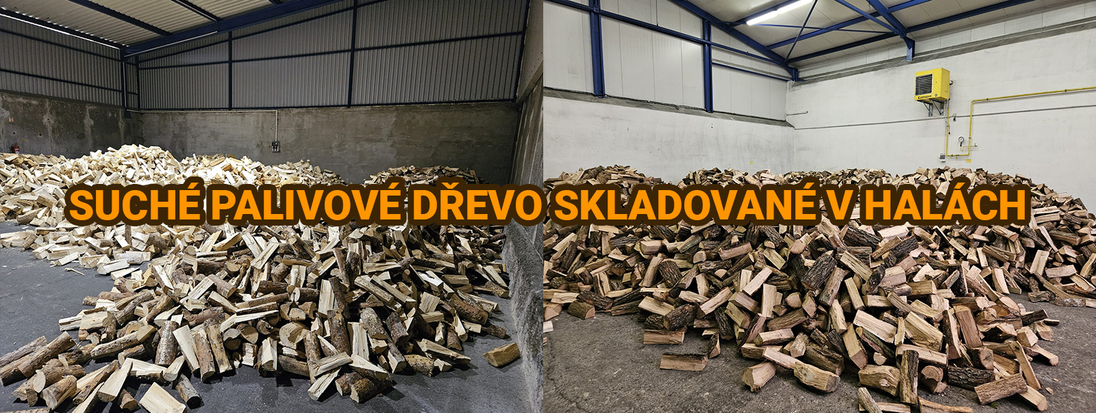 Suché palivové dřevo skladované v halách.